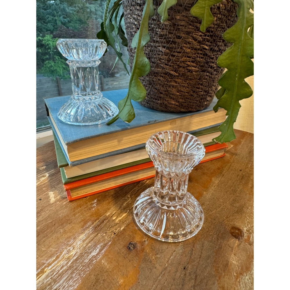 Vintage Clear Pressed Glass Candlestick Holders Pair Ribbed Diamond Cut 4 Inch